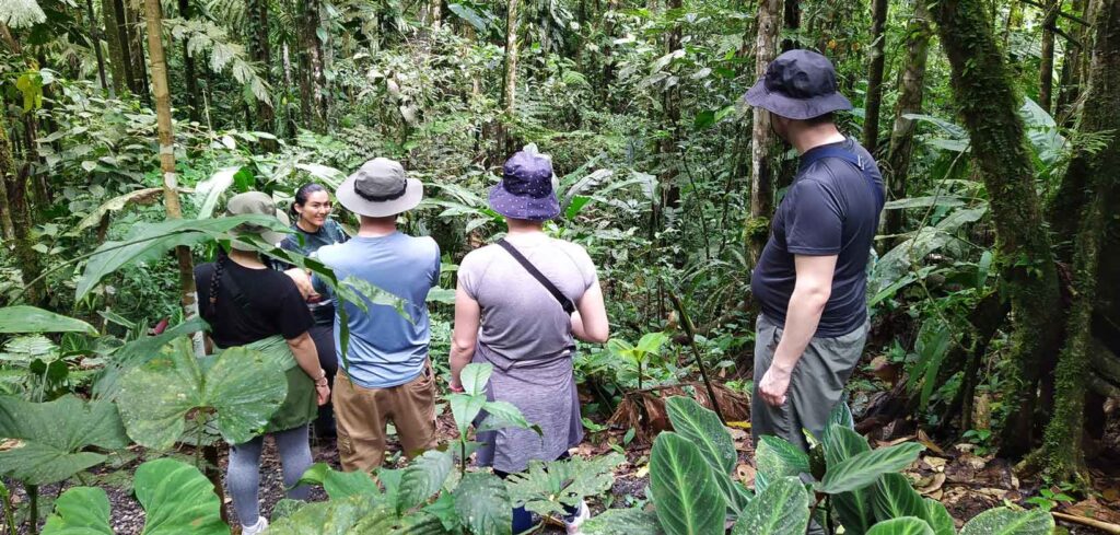 Group of people enjoying their experience in the botanic garden of the Ecuadorian amazon during the experience in Ecuador
